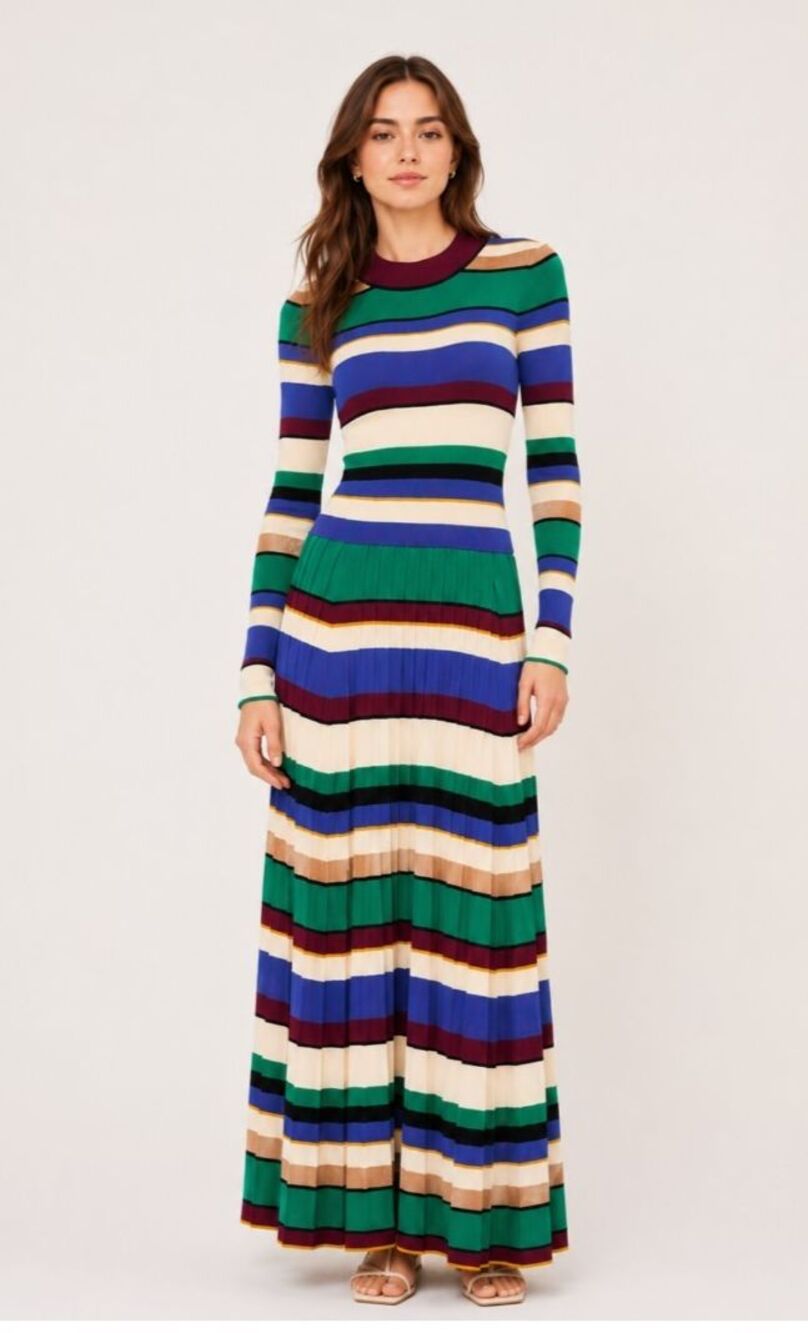 SIMON MILLER Sandrine Knit Maxi Dress Lrg Striped Long Sleeve Pleated Skirt NWT